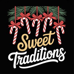 Christmas Candy Canes with Red Bows Sweet Traditions Text