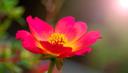 Fototapeta premium A bright pink flower with a yellow center, backlit by sunlight, blooms against a blurry green background
