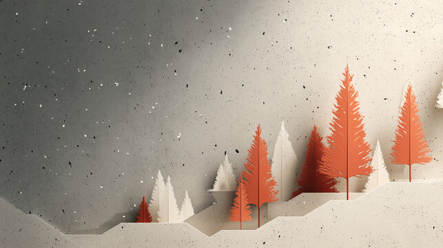 Minimal paper cut winter forest with red and white trees on snowy hillside, falling snow and textured banner background