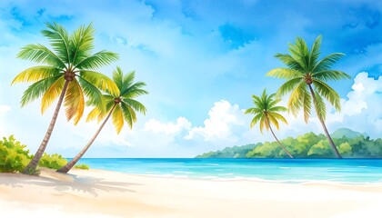 Fototapeta premium A bright, stylized painting of a tropical beach with palm trees, ocean, and distant island under a cloudy blue sky