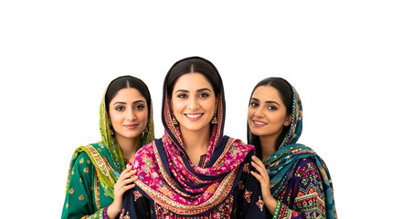 Three Women Smiling Wearing Traditional Punjabi Suits and Headscarves in Studio PNG Illustration
