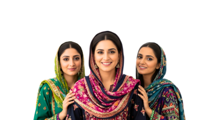 Three Women Smiling Wearing Traditional Punjabi Suits and Headscarves in Studio PNG Illustration