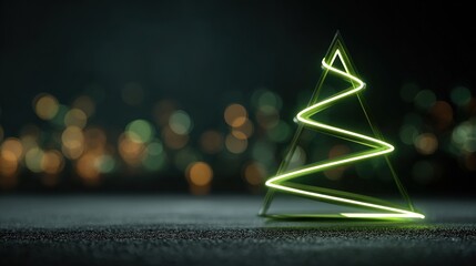 A minimalist modern Christmas tree concept image, composed of two glowing green geometric lines, elegantly arranged on a dark background, creating a festive yet modern atmosphere with soft bokeh.