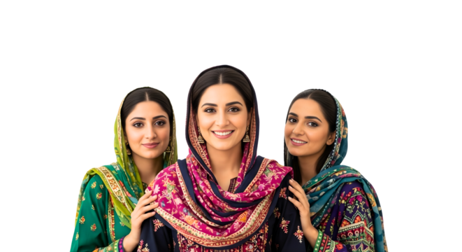 Three Women Smiling Wearing Traditional Punjabi Suits and Headscarves in Studio PNG Illustration