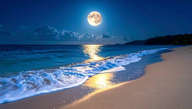 A full moon illuminates a tropical beach at night, casting light on the waves and sand under a starry sky