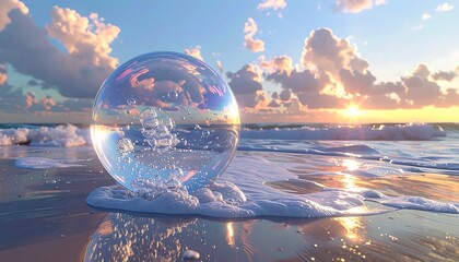 A clear crystal sphere resting on a sandy beach reflects an ocean view with foamy waves under a cloudy, sunny sky