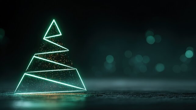 A minimalist modern Christmas tree concept image, composed of two glowing green geometric lines, elegantly arranged on a dark background, creating a festive yet modern atmosphere with soft bokeh.