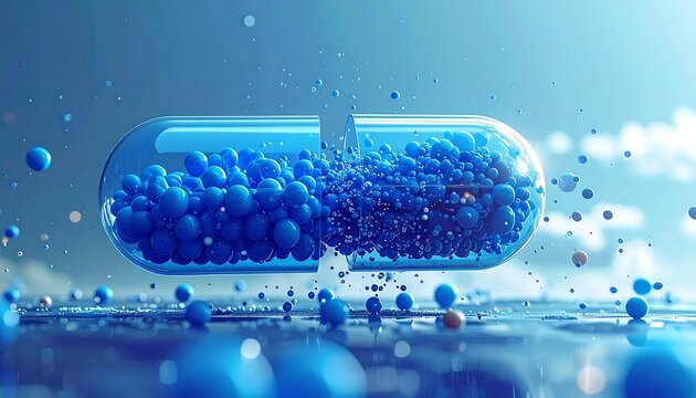 A clear pill filled with blue spheres hovers above a blurred landscape with small spheres scattered below