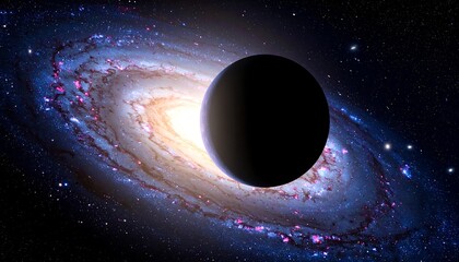 Fototapeta premium A dark planet or moon silhouette against a swirling galaxy backdrop, with starlight shining from behind it