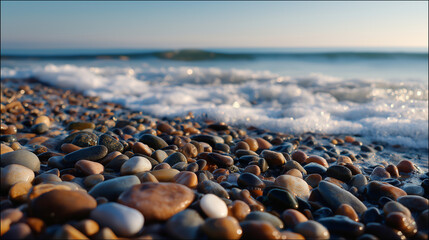 Smooth beach pebbles and gentle waves blending naturally in soft coastal light.