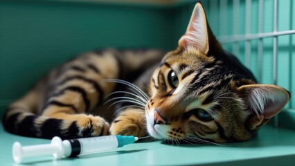 A domestic cat lies on a table near a syringe, likely used for medical purposes