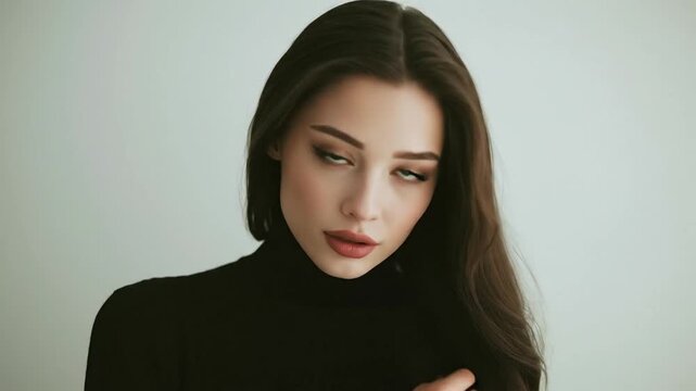 A serene and elegant woman with long, dark hair gracefully poses against a clean, light-colored background. She wears a sophisticated black turtleneck and looks downwards with a calm, contemplative ex