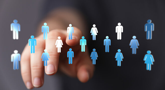 Hand pointing at icons representing a community, teamwork and networking concepts. Social media, human resource - Powered by Adobe