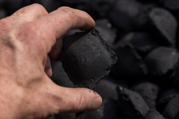 charcoal compressed from crumbs is obtained under pressure and used to cook food on the grill, black charcoal in briquettes for barbecues and grills