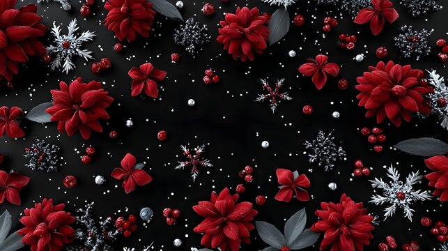 Pattern of red flowers, leaves, and winter elements arranged on a dark background for holiday-themed design