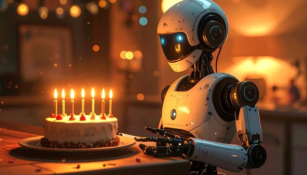 A futuristic robot looks at a birthday cake with lit candles, in a warm, inviting, softly lit setting - Powered by Adobe