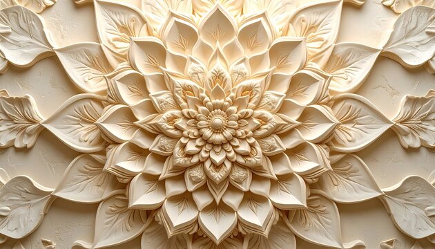 A detailed ivory floral relief radiates outward, displaying intricate layers of petals and abstract leaf forms