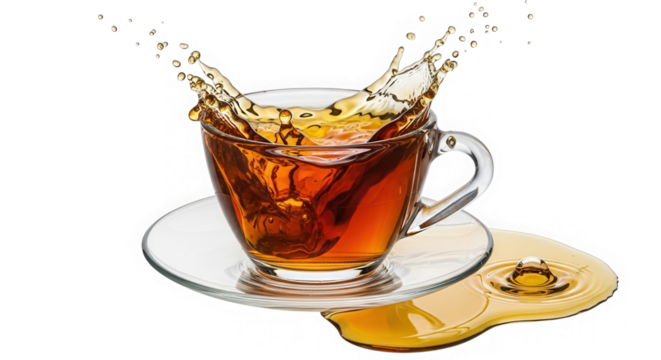 Tea splash in a glass cup with saucer isolated on transparent background