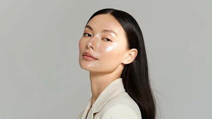 A serene close-up of a beautiful young woman with her eyes gently closed and head subtly tilted upwards, embodying a sense of peace and tranquility. Her healthy, glowing skin is highlighted, showcasin