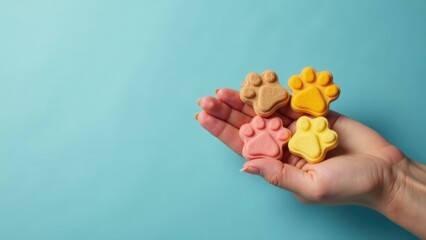 A person holding three dog paw-shaped cookies in their hands, suitable for pet-related content or advertising