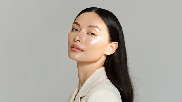 A serene close-up of a beautiful young woman with her eyes gently closed and head subtly tilted upwards, embodying a sense of peace and tranquility. Her healthy, glowing skin is highlighted, showcasin