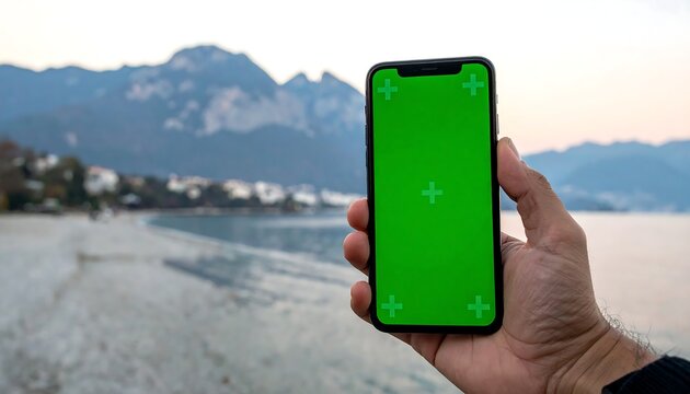 A hand holding a phone with a green screen against a blurred mountain and coastal background