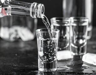 Close-up of vodka being poured into shot glasses with ice cubes, set against a dark, moody background.