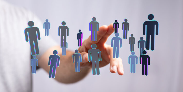 Hand interacting with digital silhouettes, symbolizing connection, teamwork, and business networking. - Powered by Adobe