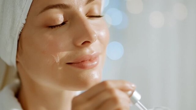 A serene, close-up shot captures a person with their eyes gently closed, showcasing a mindful moment of self-care and relaxation. A delicate drop of transparent liquid, likely a hydrating serum or fac