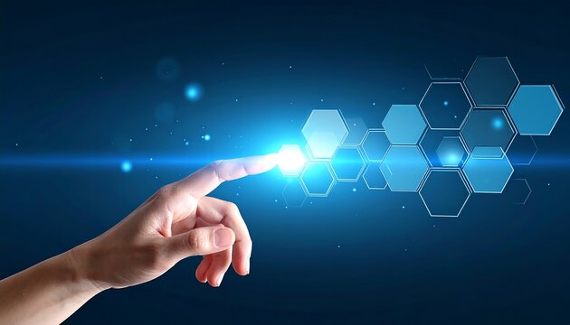 A hand interacts with glowing, interconnected hexagonal shapes against a gradiated, dark blue, softly lit background