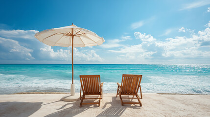 Obraz premium Two wooden lounge chairs facing the ocean with white umbrella shade.