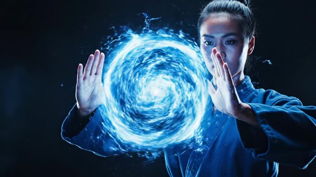 Young asian woman wearing a blue gi and black belt, generating a glowing blue energy ball with her hands, depicting power, fantasy, focus, and martial arts mastery on a dark background