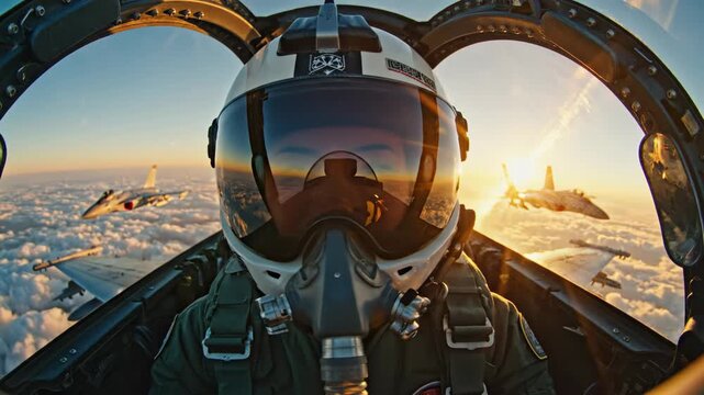 Fighter pilot sitting in cockpit of jet airplane flying over clouds during sunset, with two other fighter jets in formation on either side, reflecting sky and sun in helmet visor