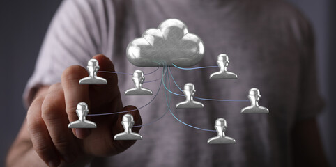 Abstract image representing cloud computing and network connections with figures connected to a cloud. Concept