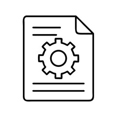 A document with a gear icon and lines representing text, suggesting settings or configuration, outlined design