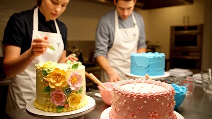 People decorating cakes for a baking workshop indoors