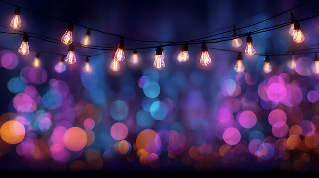 Glowing string lights illuminating vibrant bokeh effects purple