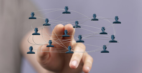 Hand reaching out to interact with network connections and human silhouettes. Teamwork, technology, and virtual interaction concepts.