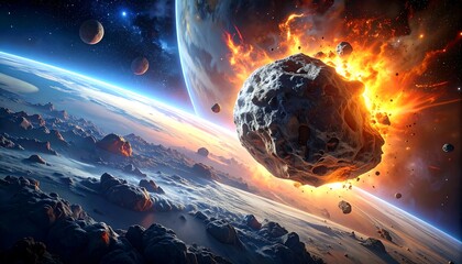 A large asteroid or rock impacting a planet creating a bright, fiery explosion in space filled with debris