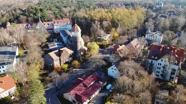 Aerial view of svetlogorsk water tower in autumn