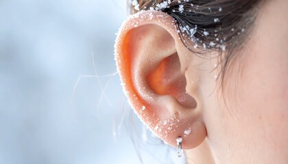 Close-up of a Womans Ear with Snowflakes in Winter.
