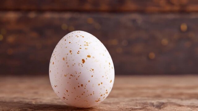 A single, beautifully speckled white egg rests gently on a warm, rustic wooden surface, illuminated by soft, natural light. The delicate brown markings on its shell create a unique and appealing textu
