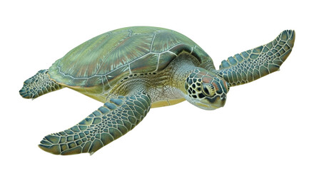 Isolated Green Sea Turtle with detailed shell, swimming or flying in space, detailed skin