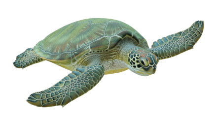 Isolated Green Sea Turtle with detailed shell, swimming or flying in space, detailed skin