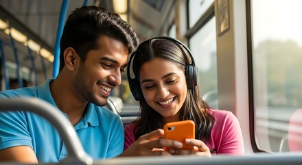 Smiling couple enjoying music and content on smartphone during public transport commute