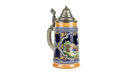 Isolated vintage German beer stein with pewter lid and painted scene of house and figures