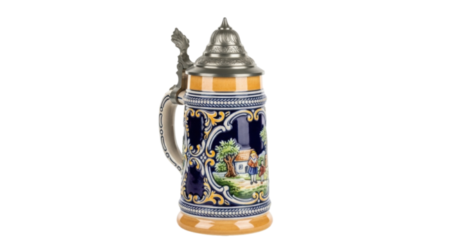 Isolated vintage German beer stein with pewter lid and painted scene of house and figures