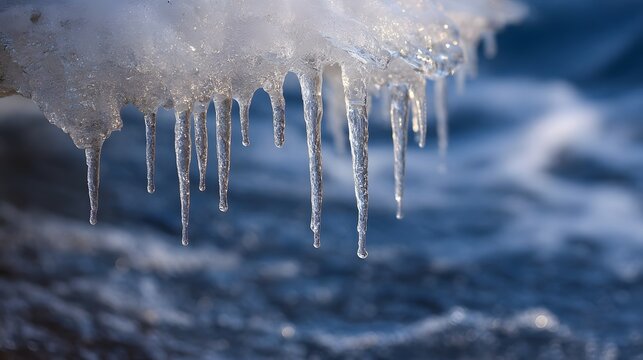 Close up of sharp clear icicles hanging over blurred blue water in a cold natural setting