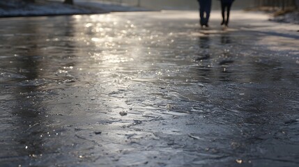 Naklejka premium Frozen path covered in glistening ice crystals and reflecting sunlight with two figures walking in the distance during a cold winter day