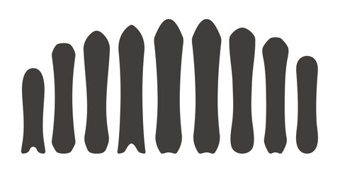 Snowboards silhouettes. Different shapes and sizes boards for snowboarding. Vector illustrations.  Design elements. Winter sport equipment